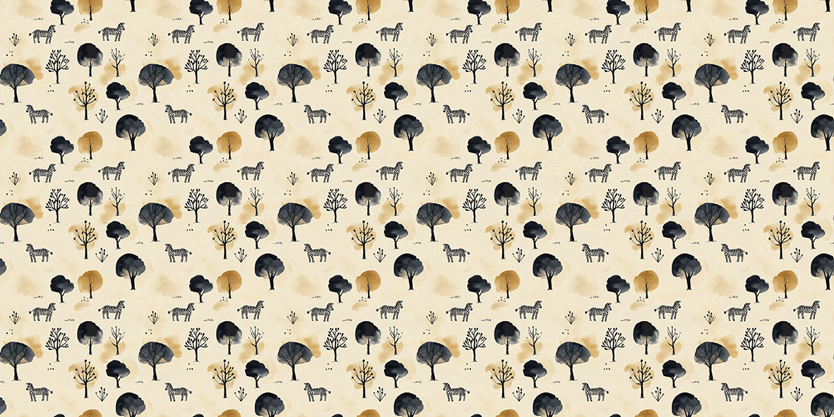 Pattern of trees and animals on a beige background