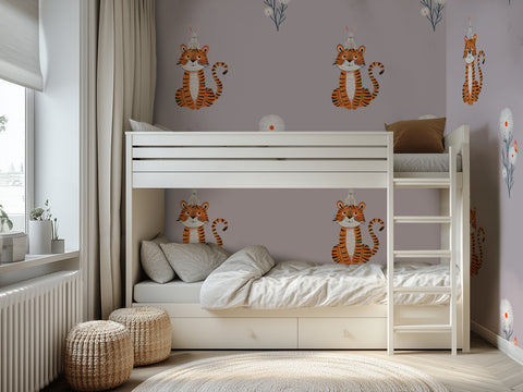 Children's room with a white bunk bed, tiger-themed wallpaper and decorative pillows.