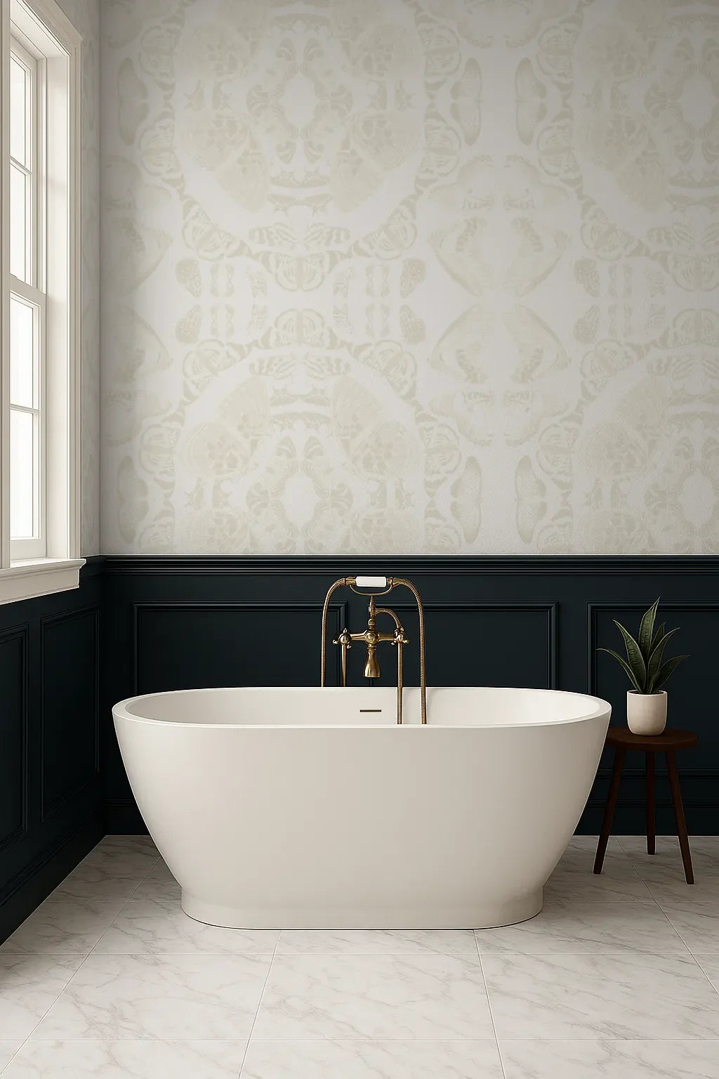 Modern bathroom with a freestanding bathtub, gold faucet, and beige butterfly wallpaper pattern.