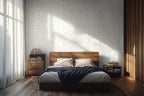 Modern bedroom with wooden bed and side tables, soft lighting, and beige butterfly wallpaper pattern.