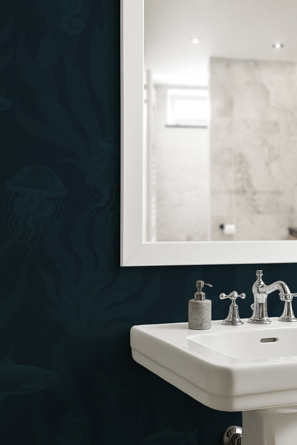 Tidepool Reverie - Teal Coral on Deep Ocean Navy