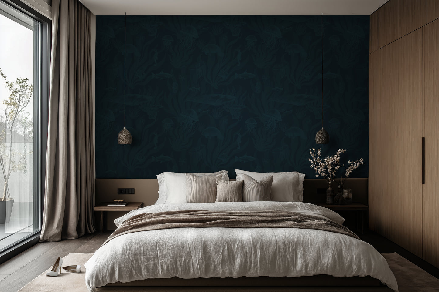 Tidepool Reverie - Teal Coral on Deep Ocean Navy