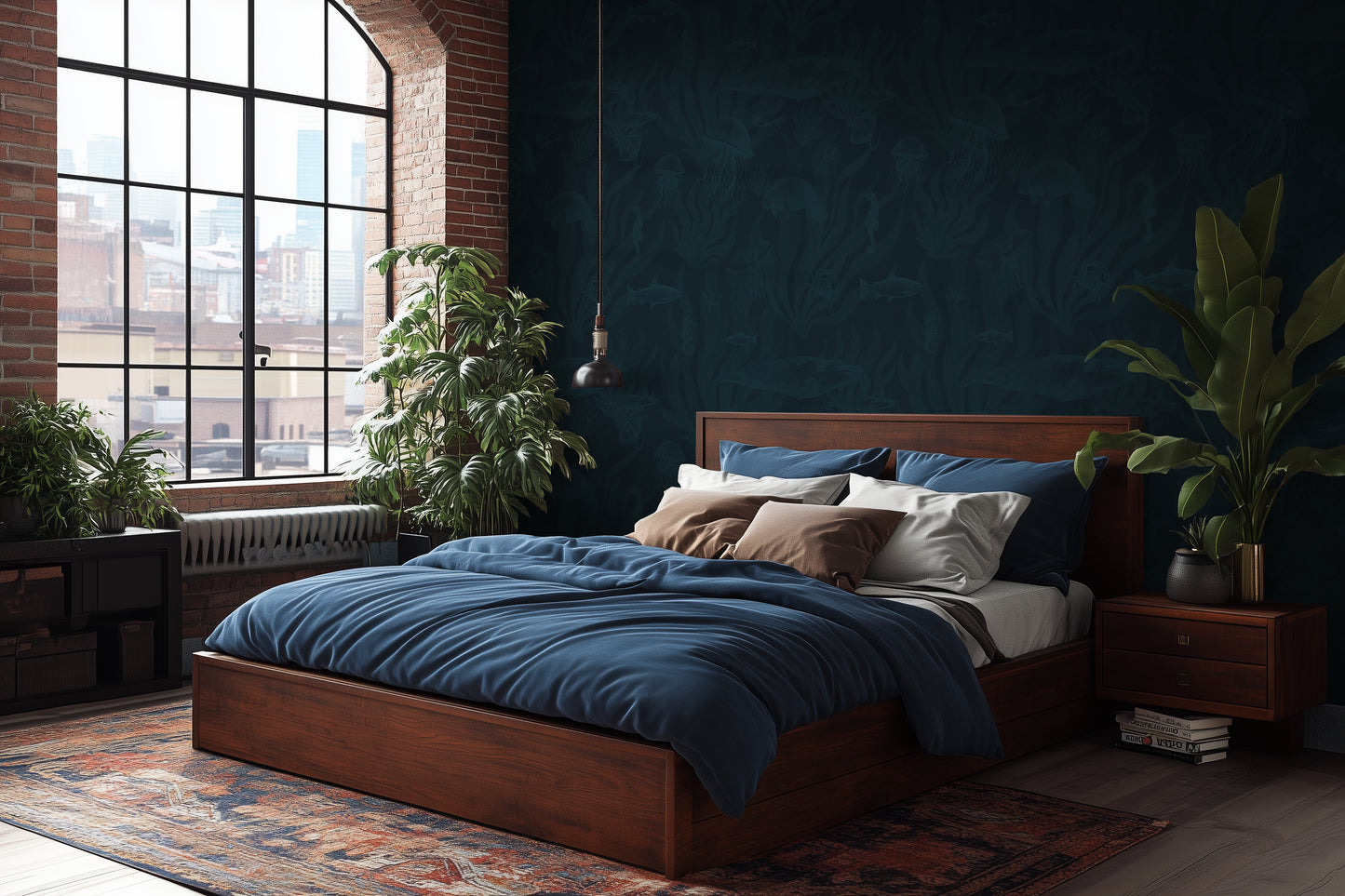 Tidepool Reverie - Teal Coral on Deep Ocean Navy