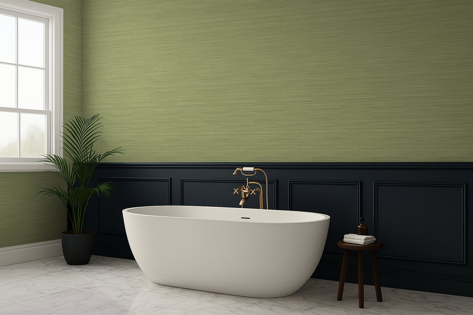 Modern bathroom with a freestanding bathtub against a green wall with green grasscloth wallpaper