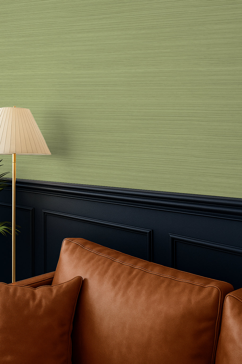 Brown leather sofa against a green wall with a lamp and green grasscloth wallpaper.