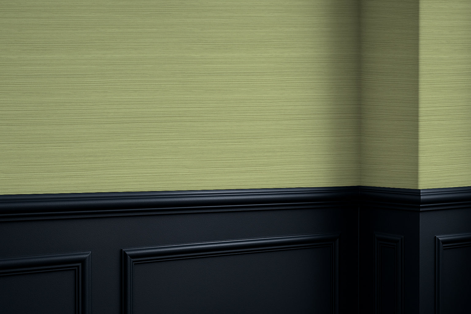 Green textured grasscloth wall with black baseboard