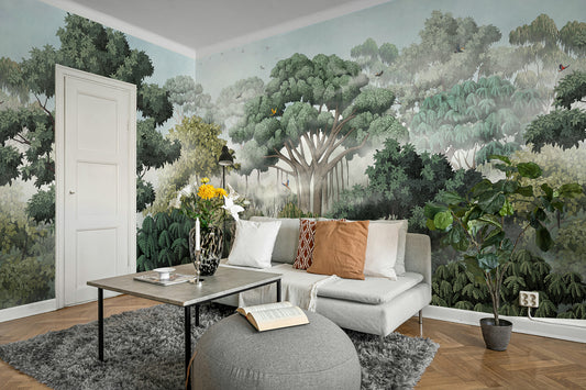 Forest mural wallpaper in living room, lush green trees wall mural, nature-inspired interior design