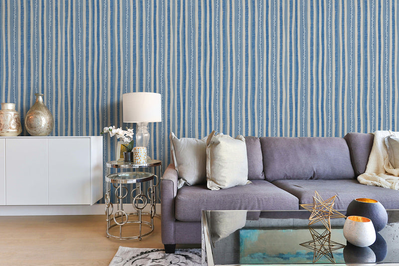 Blue striped wallpaper in living room, modern stripe wall design with clean Scandinavian style