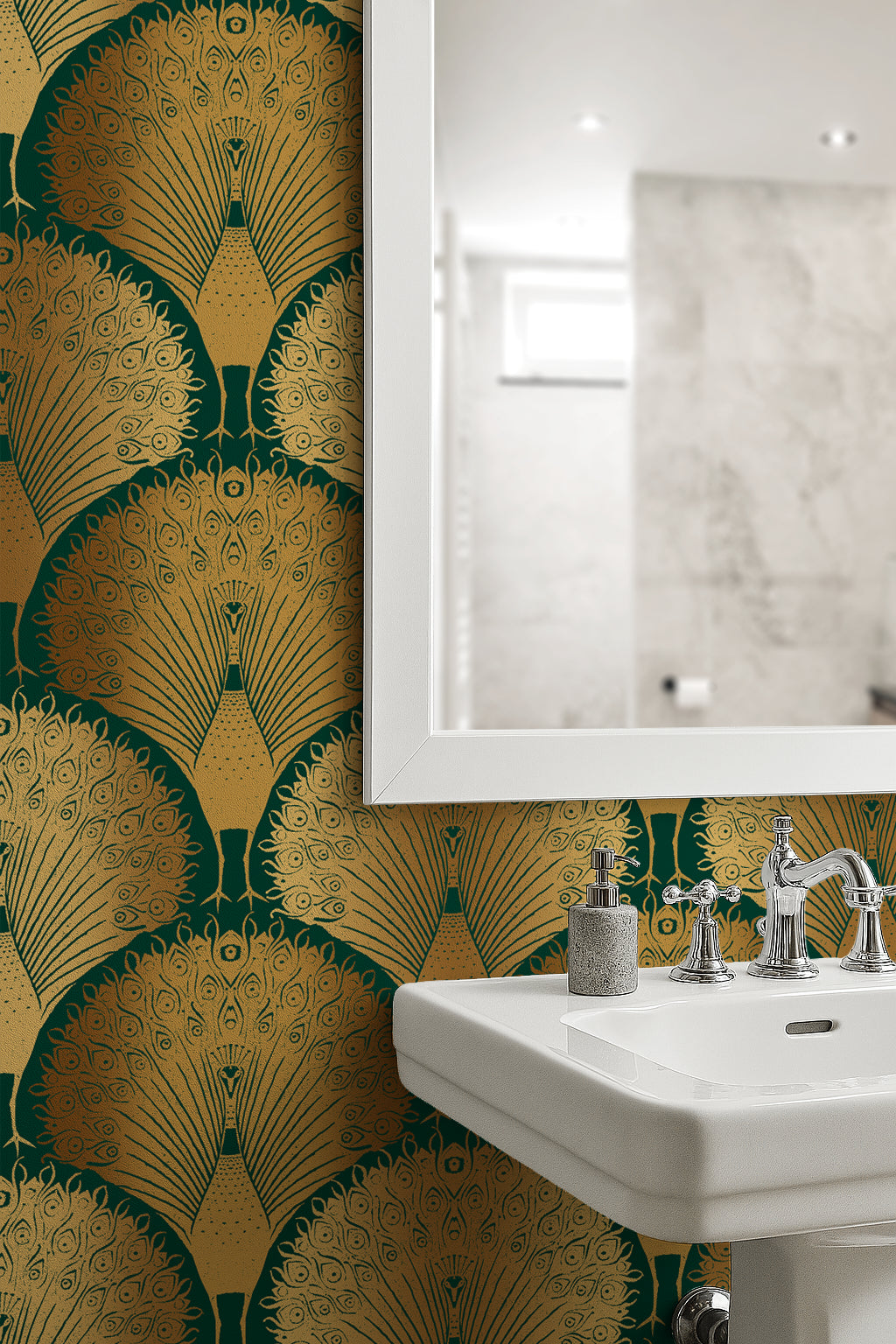 Bathroom with decorative green and gold art deco wallpaper, sink, and mirror.