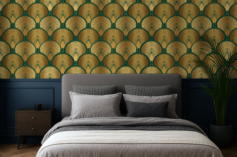 Bedroom with patterned art deco wallpaper with peacocks, bed, and nightstand.