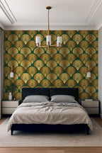 Modern bedroom with green patterned art deco wallpaper, bed, and nightstands.