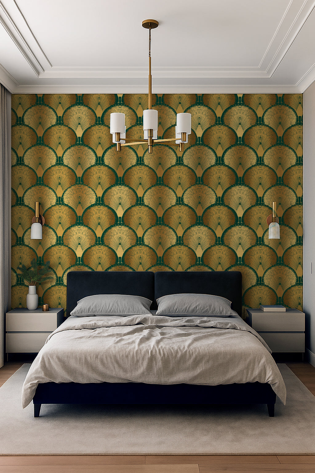 Modern bedroom with green patterned art deco wallpaper, bed, and nightstands.