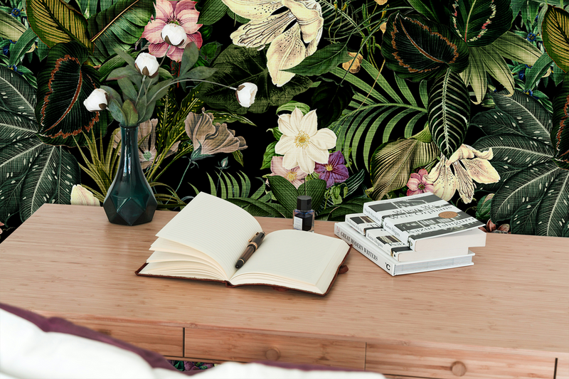 Botanical floral wallpaper with layered flower details, bringing a soft, nature-driven atmosphere indoors