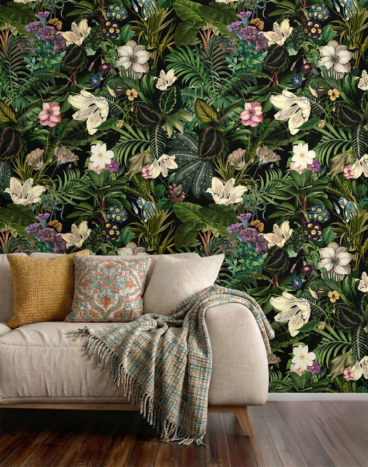 Botanical floral wallpaper with layered flower details, bringing a soft, nature-driven atmosphere indoors