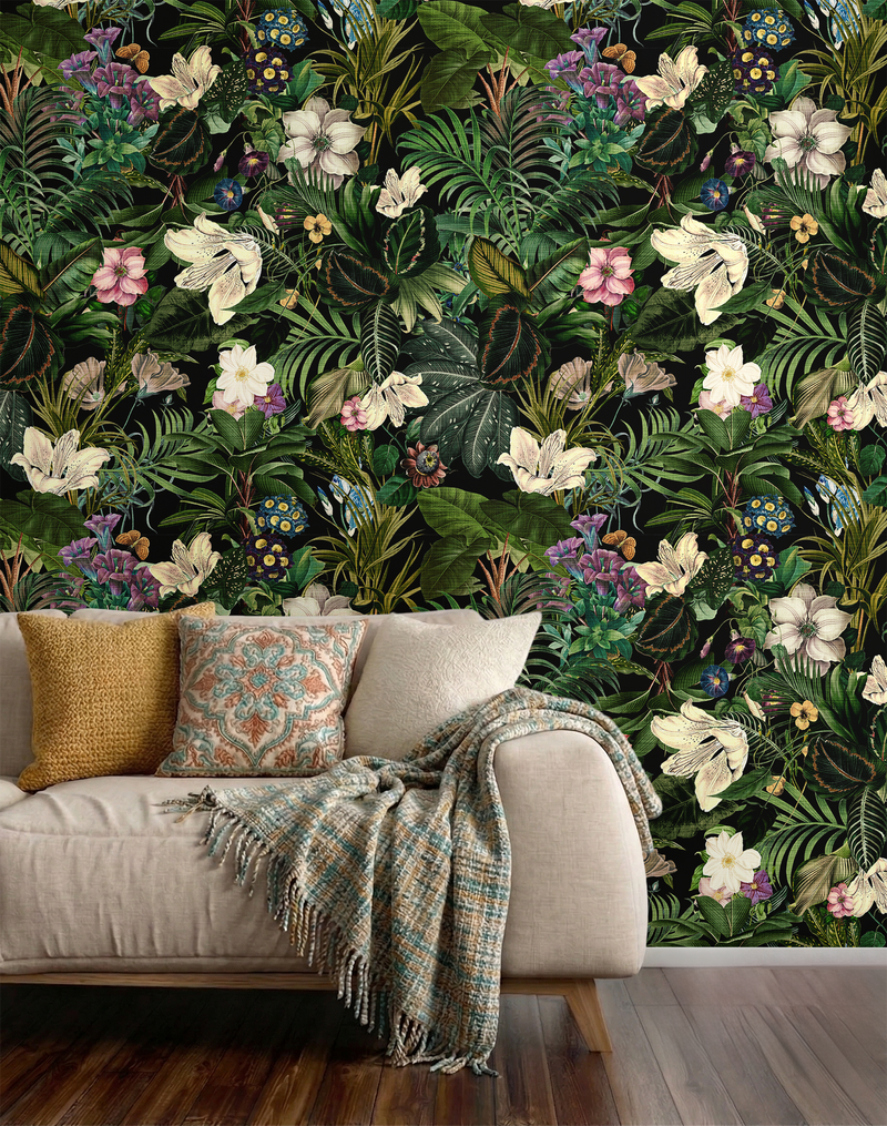 Botanical floral wallpaper with layered flower details, bringing a soft, nature-driven atmosphere indoors