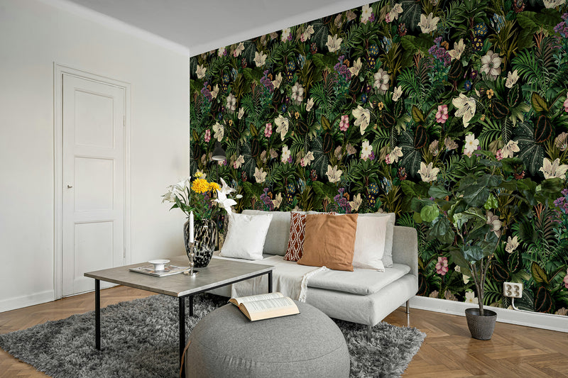 Botanical floral wallpaper mural with layered flower details, bringing a soft, nature-driven atmosphere indoors