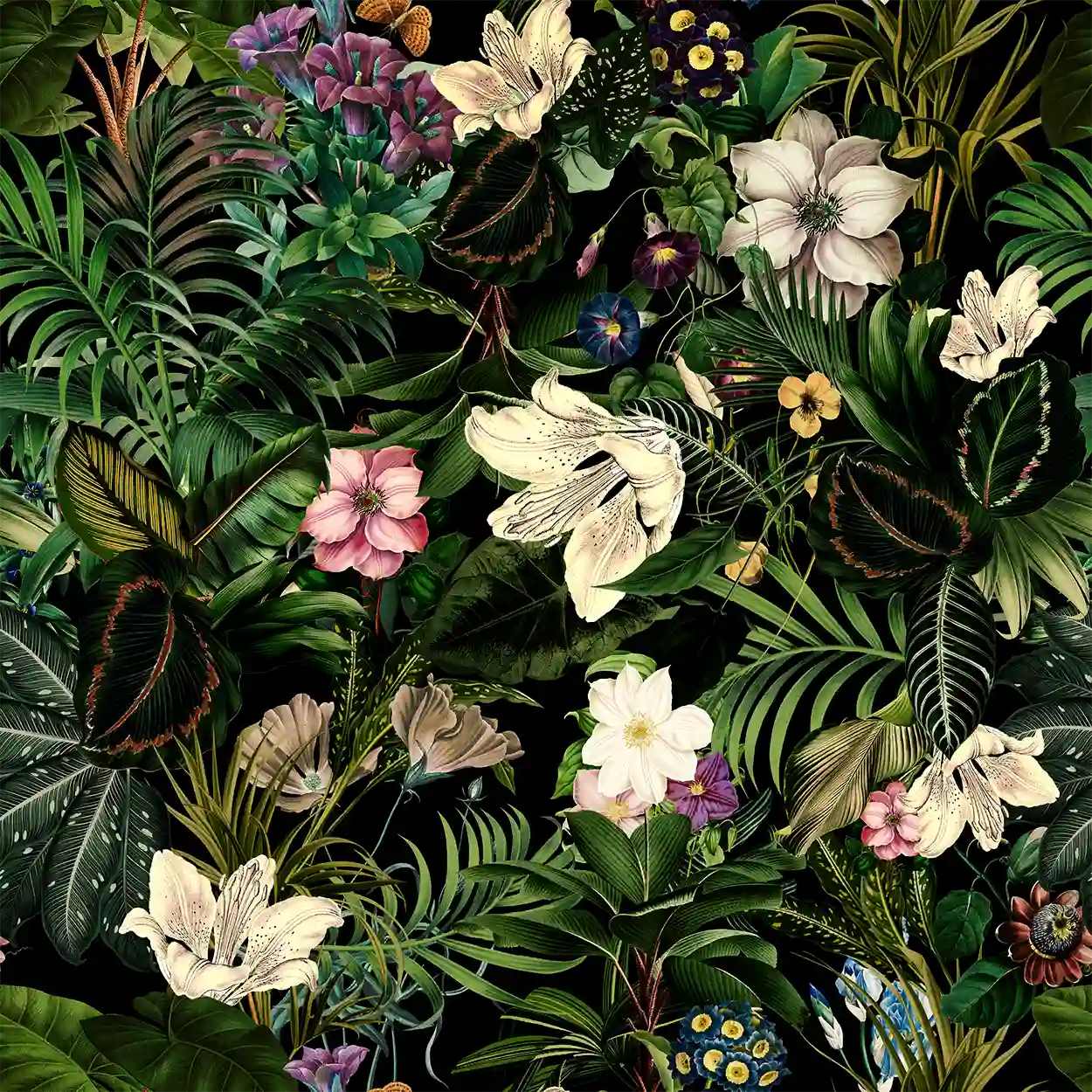 Botanical floral wallpaper with layered flower details, bringing a soft, nature-driven atmosphere indoors