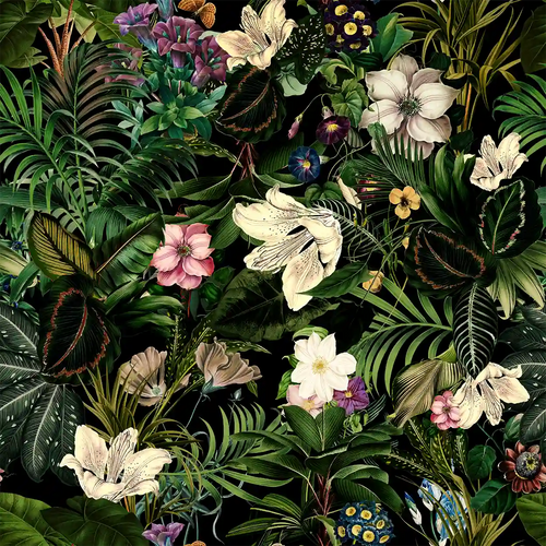 Botanical floral wallpaper with layered flower details, bringing a soft, nature-driven atmosphere indoors