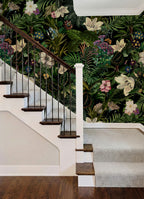 Botanical floral wallpaper with layered flower details, bringing a soft, nature-driven atmosphere indoors