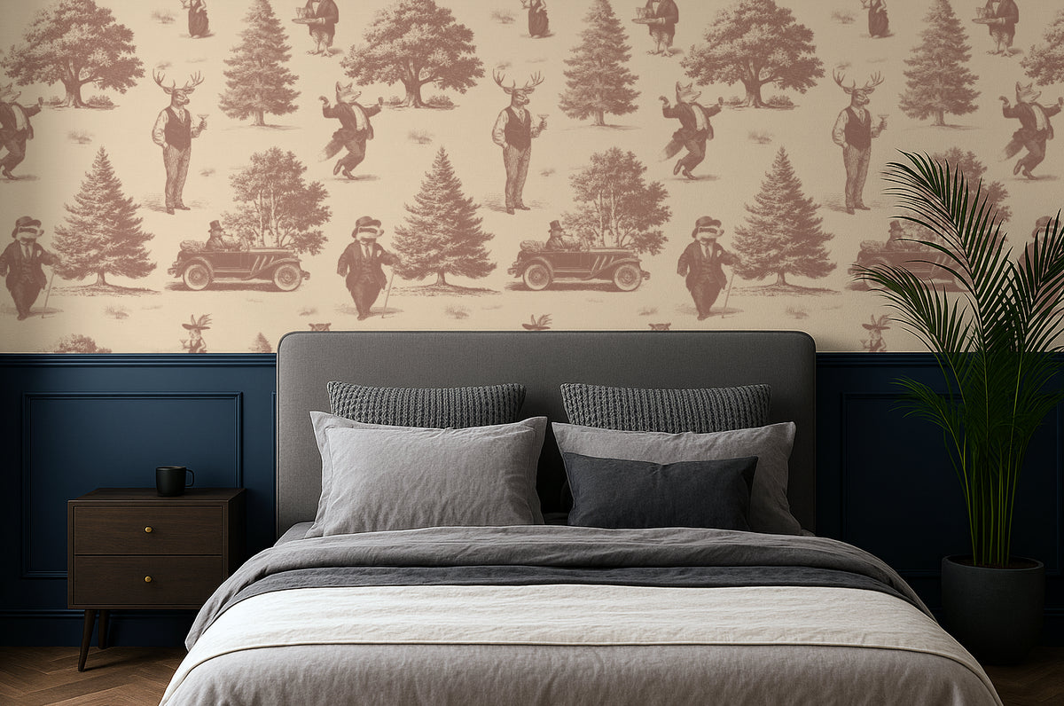 Bedroom with a patterned wallpaper featuring a whimsical cocktail party in a forest, with animals dressed in tuxedos. 