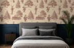 Bedroom with a patterned wallpaper featuring a whimsical cocktail party in a forest, with animals dressed in tuxedos. 