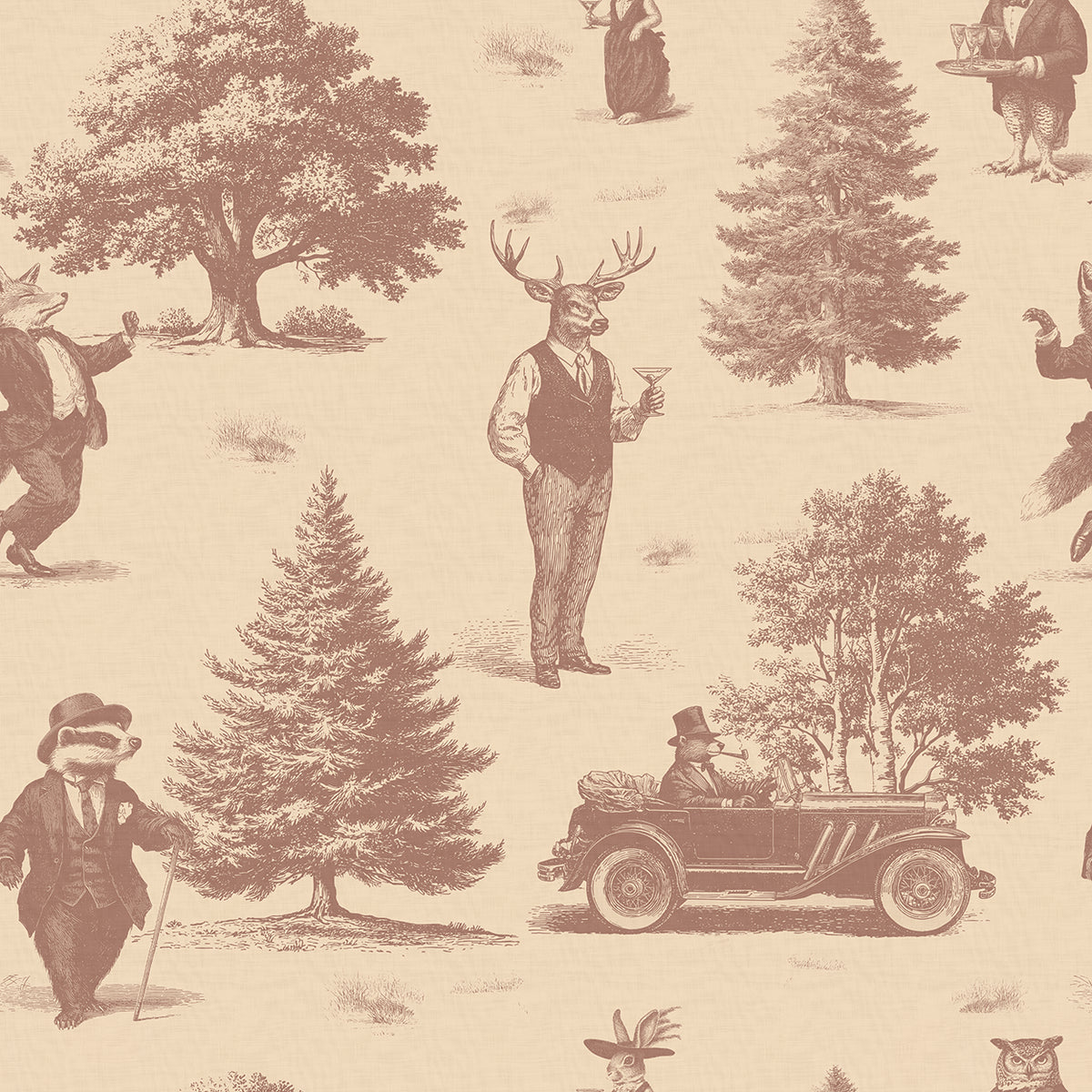Vintage-style wallpaper with deer, foxes and badgers dressed in suits, drinking martinis, with trees, and a car on a beige background
