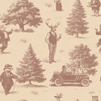 Vintage-style wallpaper with deer, foxes and badgers dressed in suits, drinking martinis, with trees, and a car on a beige background