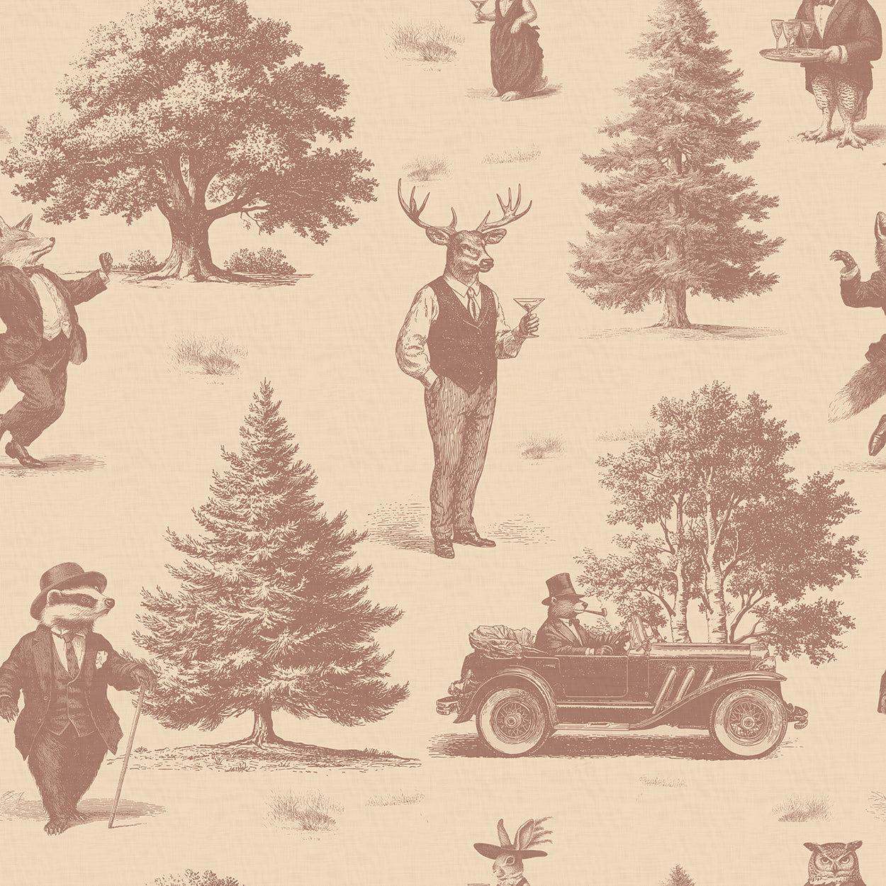 Vintage-style wallpaper with deer, foxes and badgers dressed in suits, drinking martinis, with trees, and a car on a beige background