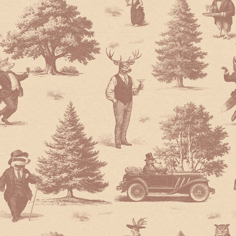Vintage-style wallpaper with deer, foxes and badgers dressed in suits, drinking martinis, with trees, and a car on a beige background