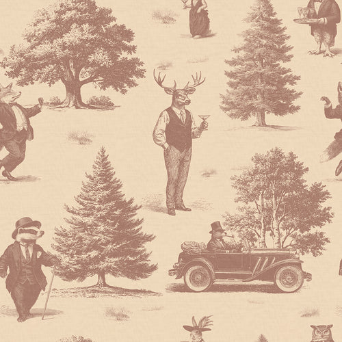 Vintage-style wallpaper with deer, foxes and badgers dressed in suits, drinking martinis, with trees, and a car on a beige background