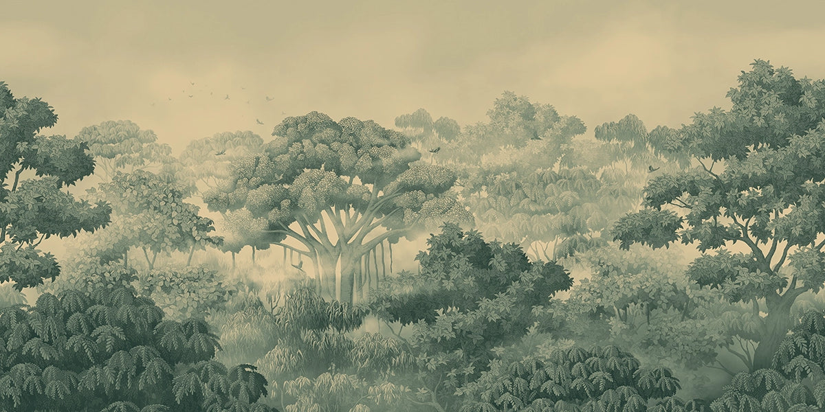 Wallpaper mural with illustration of a dense forest with various trees and foliage.