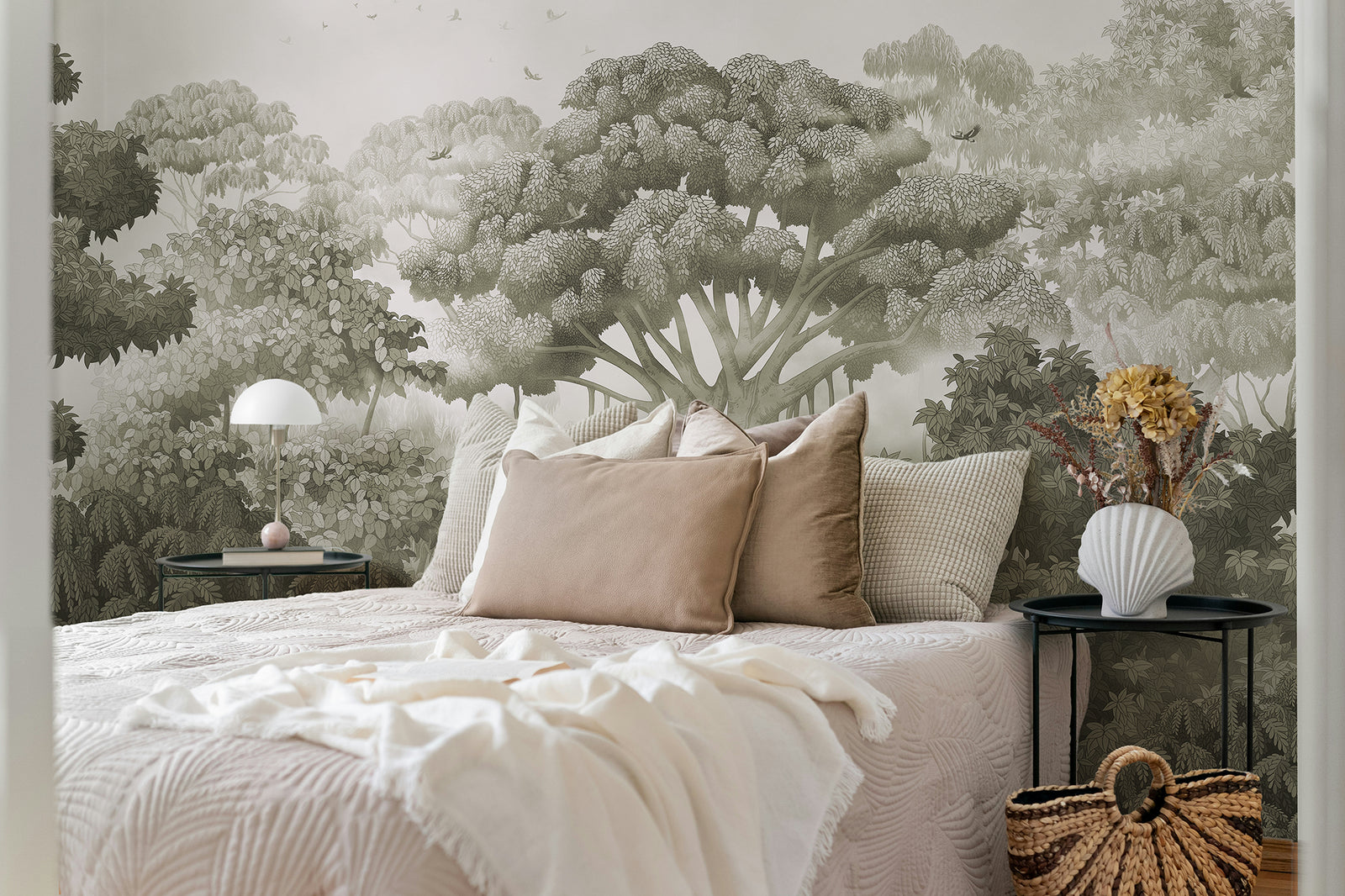Forest mural wallpaper in bedroom, lush green trees wall mural, nature-inspired interior design