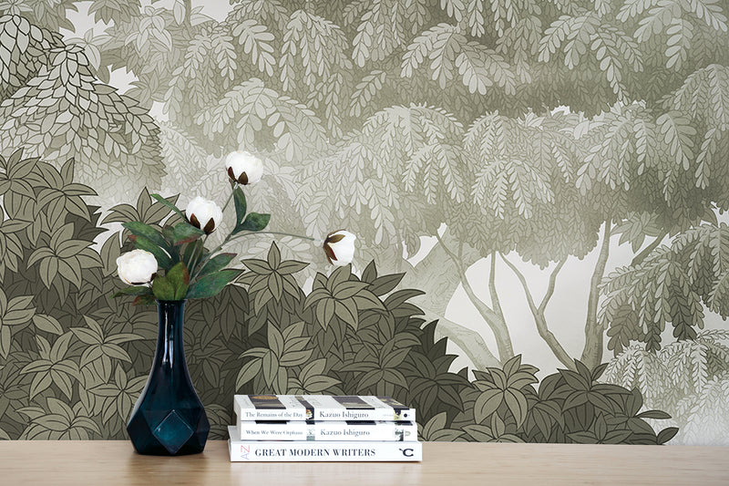 Forest mural wallpaper in office, lush green trees wall mural, nature-inspired interior design