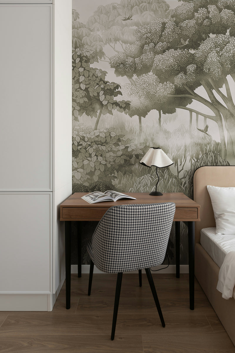 Forest mural wallpaper in bedroom, lush green trees wall mural, nature-inspired interior design
