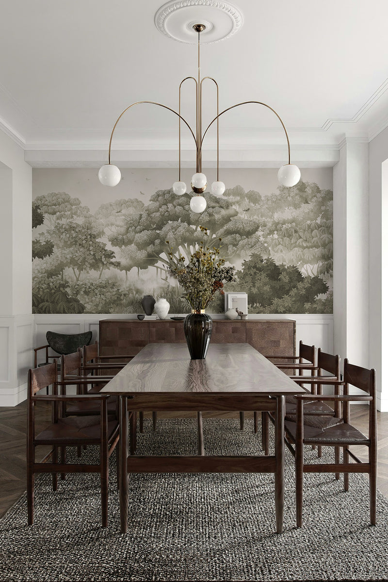 Forest mural wallpaper in dining, lush green trees wall mural, nature-inspired interior design