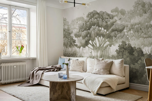 Forest mural wallpaper in living room, lush green trees wall mural, nature-inspired interior design