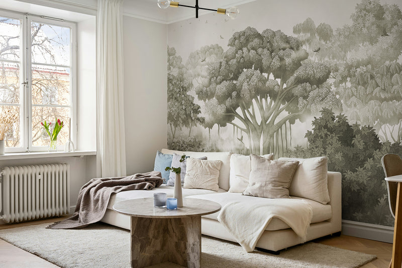 Forest mural wallpaper in living room, lush green trees wall mural, nature-inspired interior design
