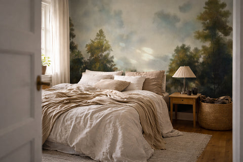 Bedroom with a large wallpaper forest mural of trees on the wall, featuring a bed with beige bedding and a lamp on a nightstand.