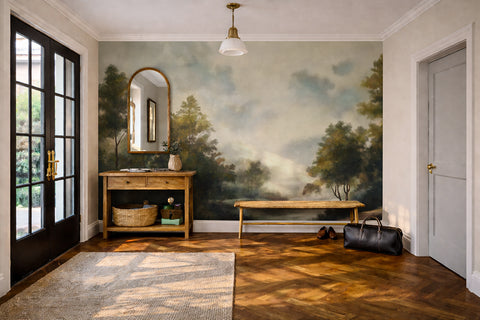 Room interior with a large wallpaper mural of a forest landscape, wooden furniture, and decorative items.