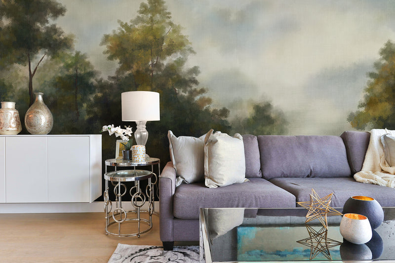 Forest mural biophilic wallpaper in living room, lush green trees wall mural, nature-inspired interior design.