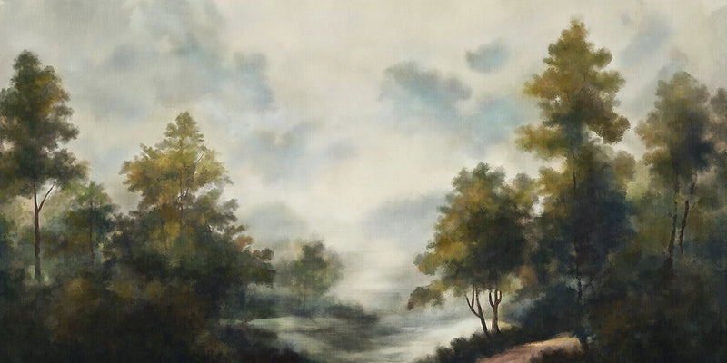 Forest mural biophilic wallpaper, lush green trees wall mural, nature-inspired interior design.