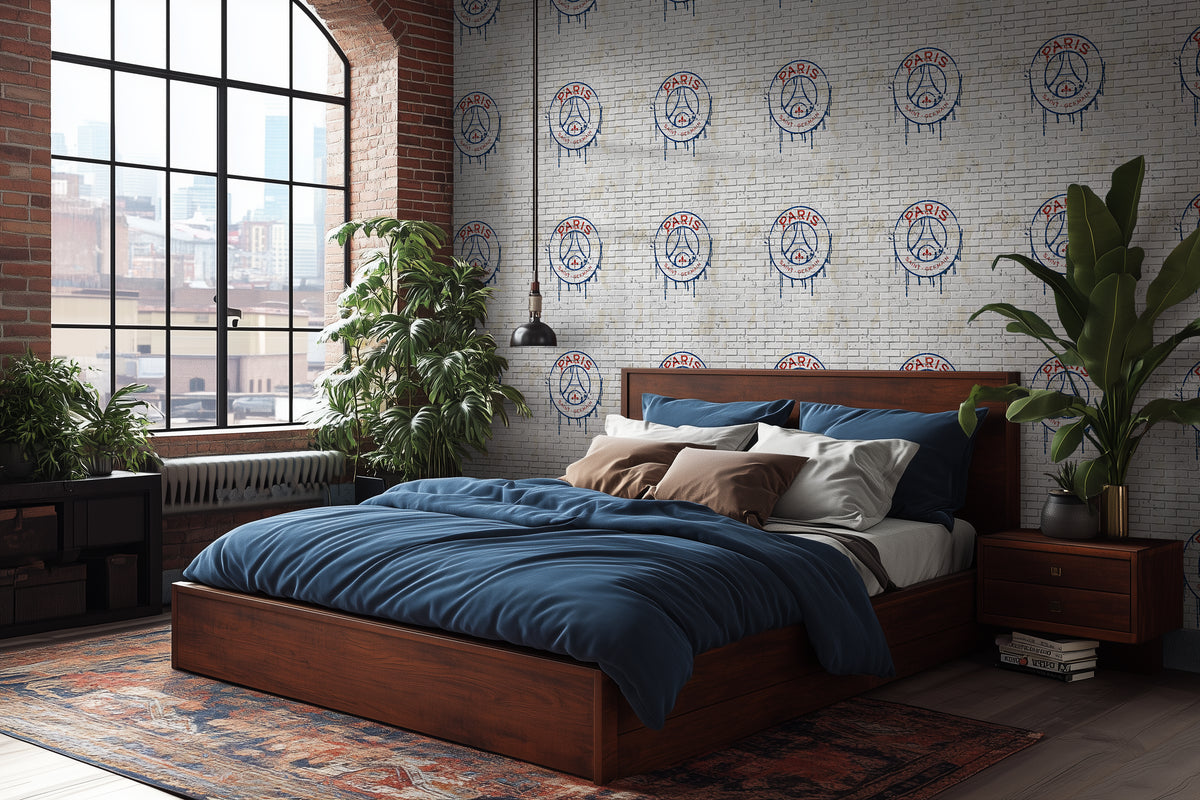 Official wallpaper mural from Paris Saint-Germain PSG football club in a bedroom