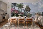 Modern kitchen dining room with tropical vintage wallpaper