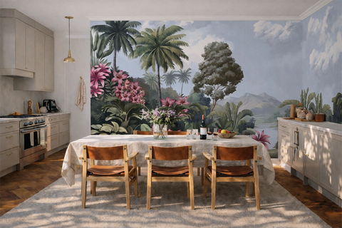 Modern kitchen dining room with tropical vintage wallpaper