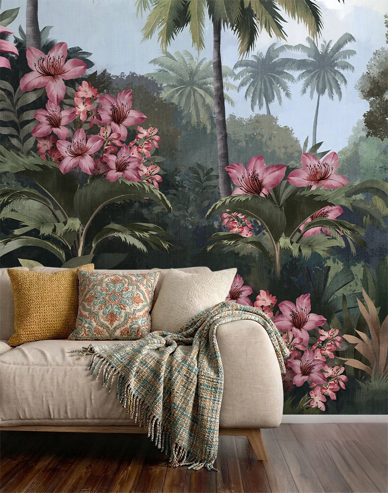 Modern living room with a beige sofa and tropical vintage wallpaper