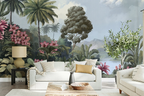 Modern living room with a beige sofa and tropical vintage wallpaper
