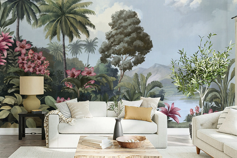 Modern living room with a beige sofa and tropical vintage wallpaper