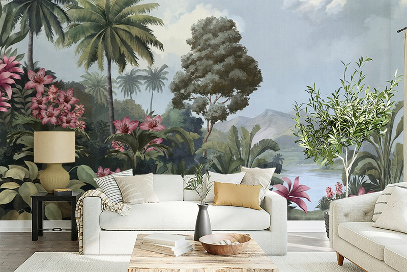Modern living room with a beige sofa and tropical vintage wallpaper