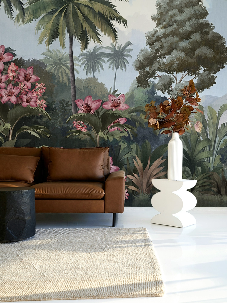 Modern living room with a leather sofa and tropical vintage wallpaper