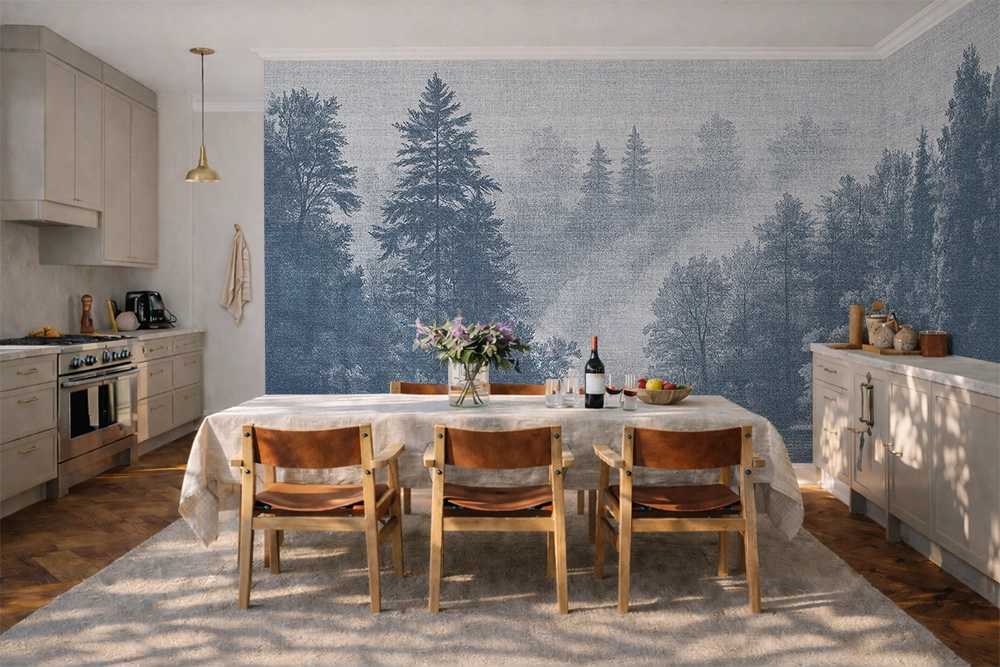 Blue forest wallpaper mural in a cozy Scandinavian dining room with soft neutral furniture, textured decor, and misty Nordic trees inspired by fjord landscapes.